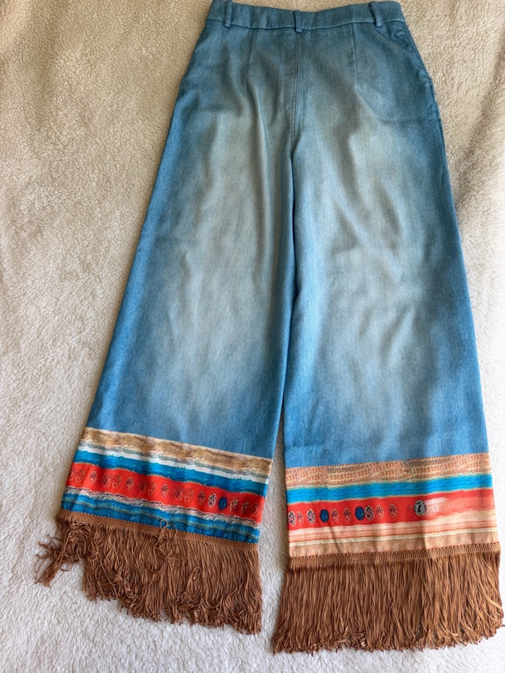 Boho Embroidered Fringe Wide-Leg Jeans in Light Denim ( Country) - Picture 4 of 4